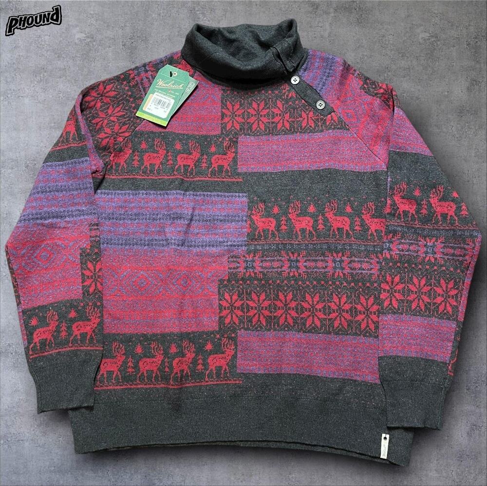 Woolrich Sweater Womens Large Gray Red Stokes Mountain Cowl Reindeer Fair Isle